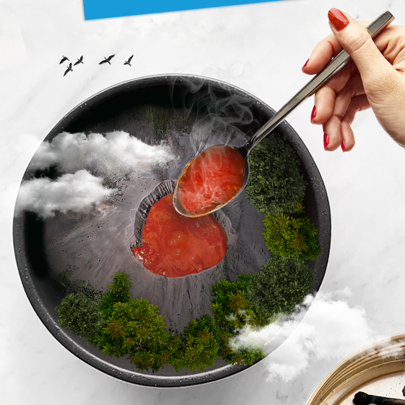 elaborazione grafica di vulcano con eruzione di pomodoro