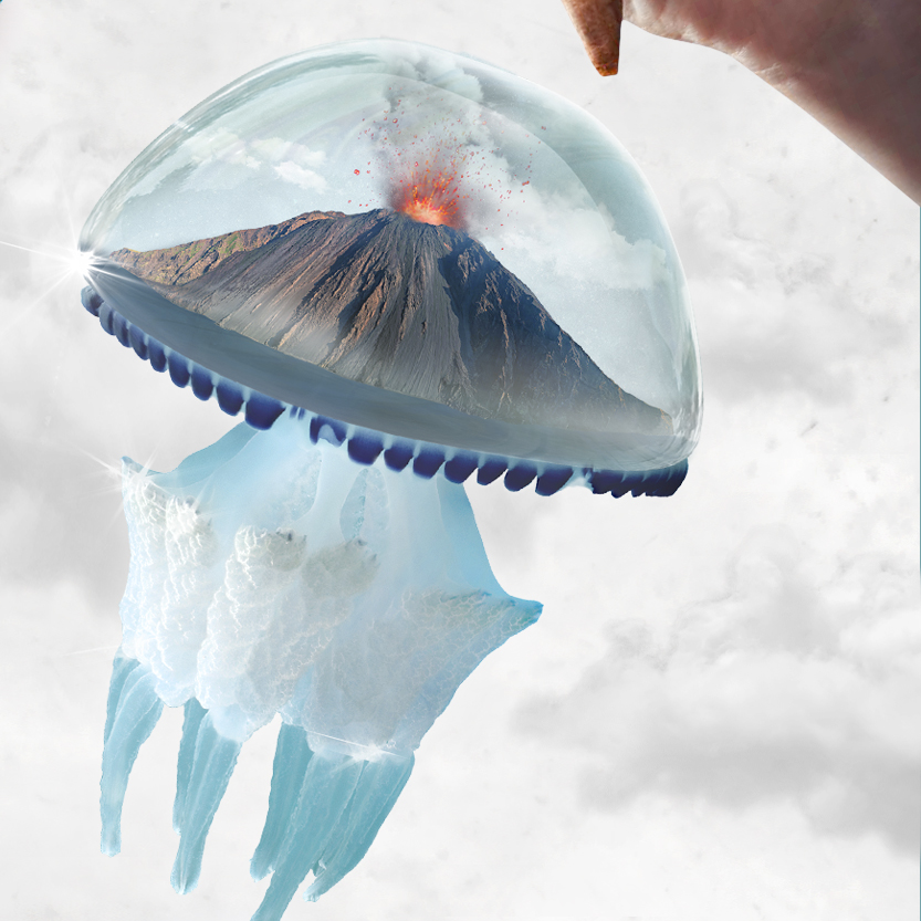 poster artistico con medusa e isola di Stromboli – stampa creativa Cart0lina Design