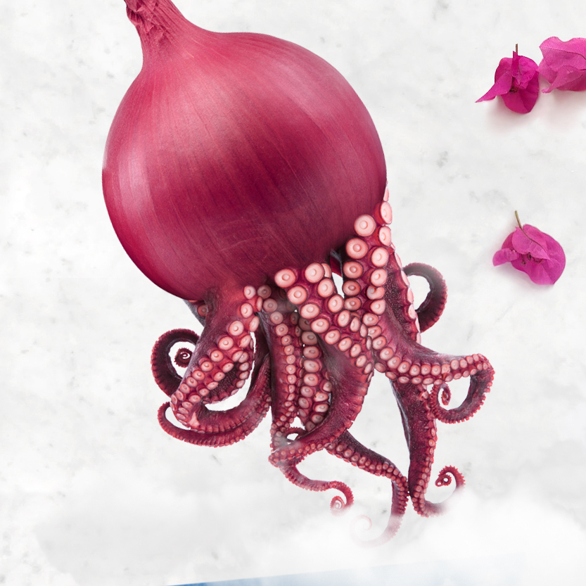 fotomontaggio surreale di una cipolla con tentacoli di polpo